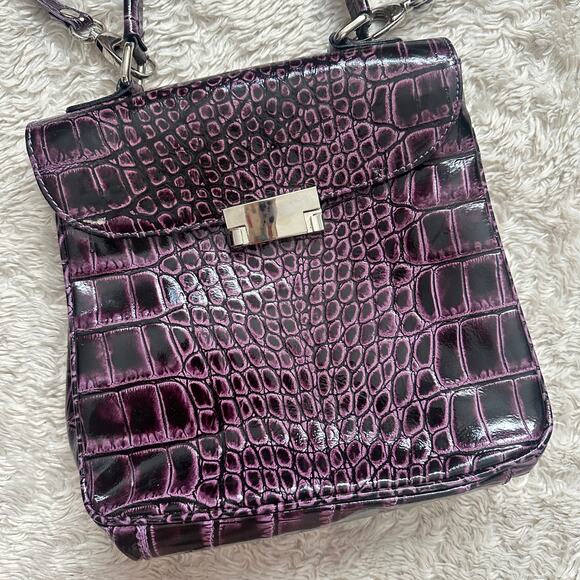 Purple Genuine Leather Crocodile Embossed Patent Purse Crossbody Bag Eggplant - Picture 11 of 11
